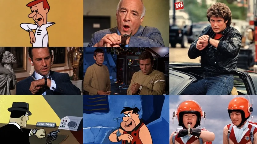 Mosaico com nove personagens de desenhos, filmes e séries falando com o relógio de pulso, entre eles Dick Tracy, George Jetson e Fred Flintstone.
