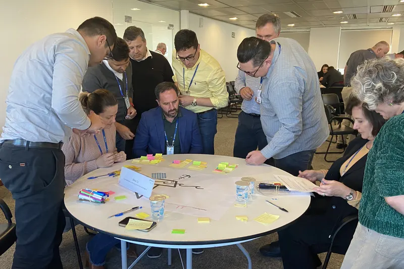 Grupo de workshop em volta de uma mesa redonda com post-its