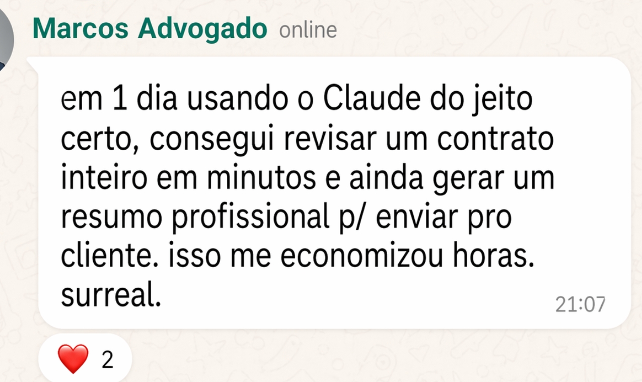 Depoimento de Marcos, advogado: revisou contrato inteiro em minutos usando Claude