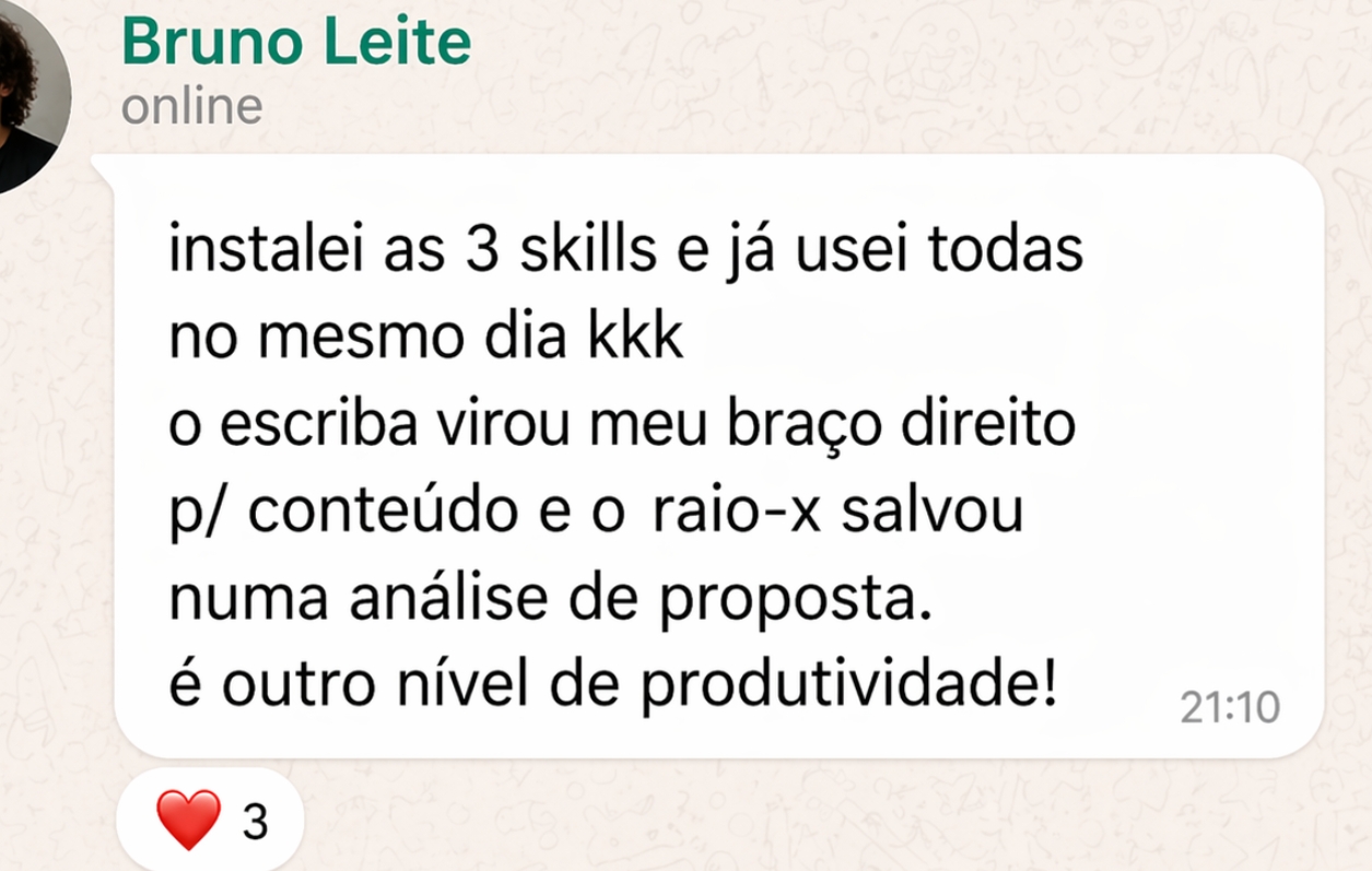 Depoimento de Bruno Leite: instalou as 3 skills e usou todas no mesmo dia